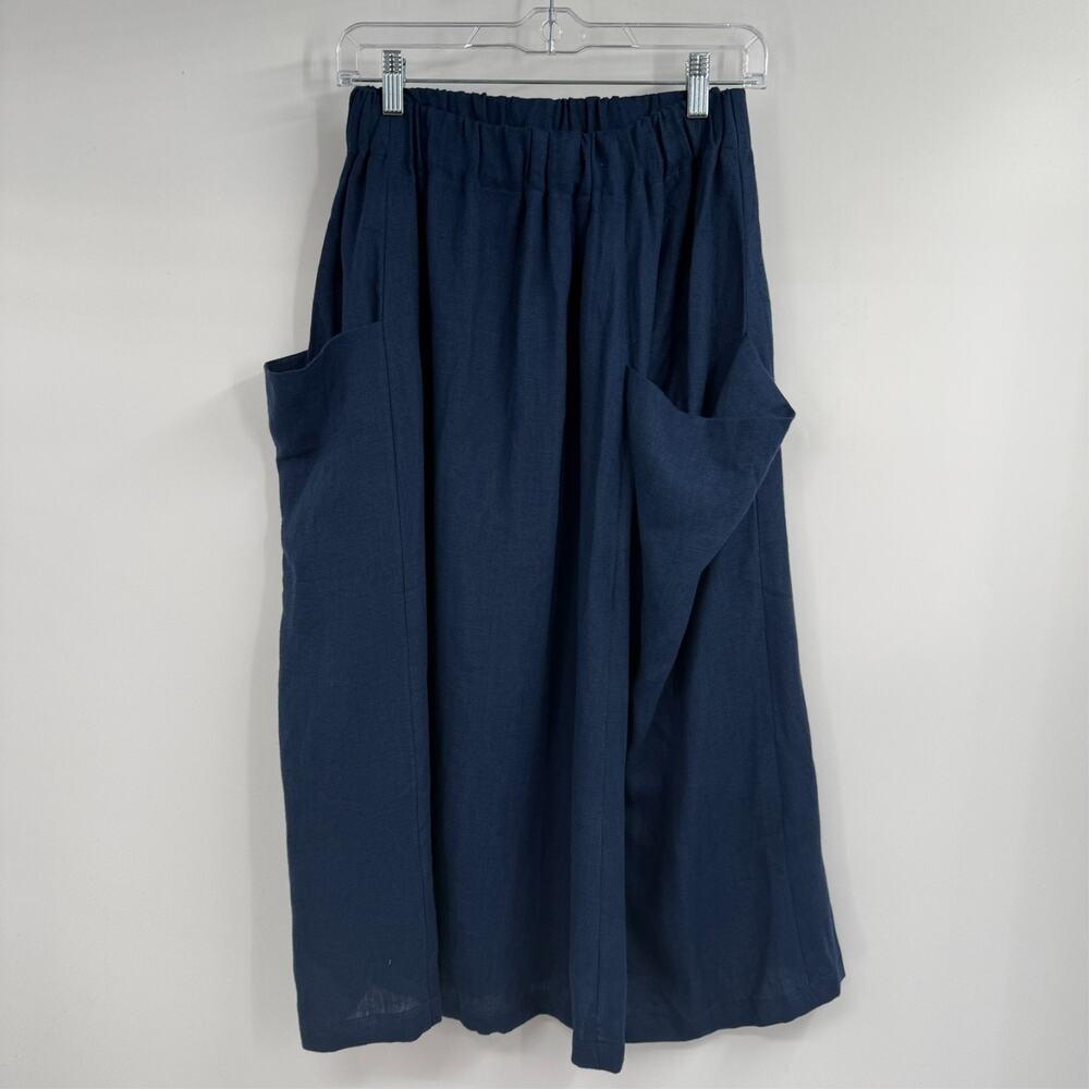 Daily Linen High Waist Midi Skirt S Navy Blue Deep Pockets Elastic Waist Casual